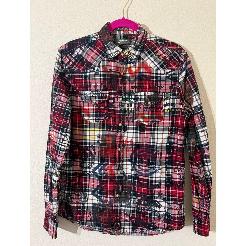 Y2K Desigual Mens Slim Fit Graffiti Plaid Western Snap Button Shirt Red Size M
